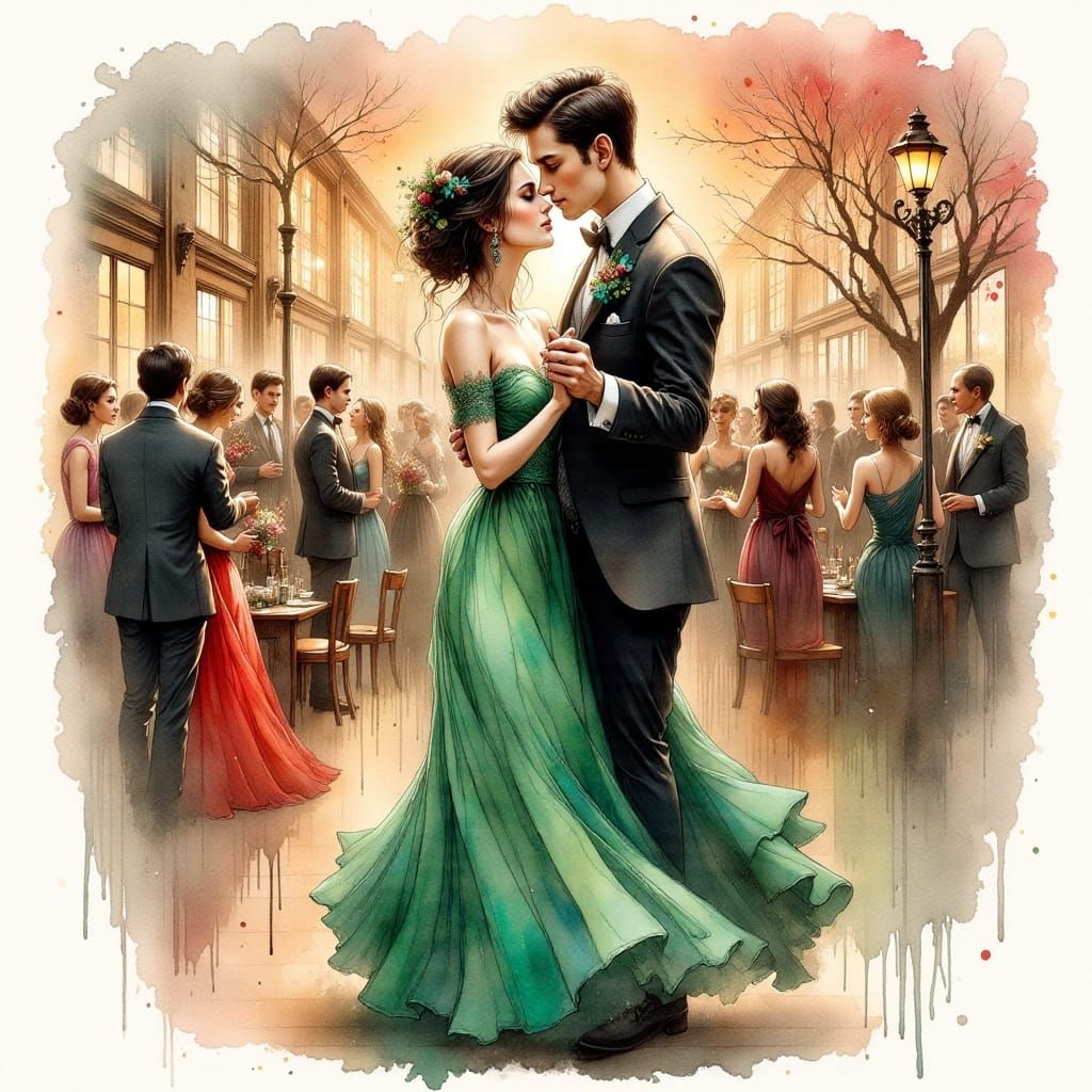 Couple Dancing at Winter Formal in Ink Style