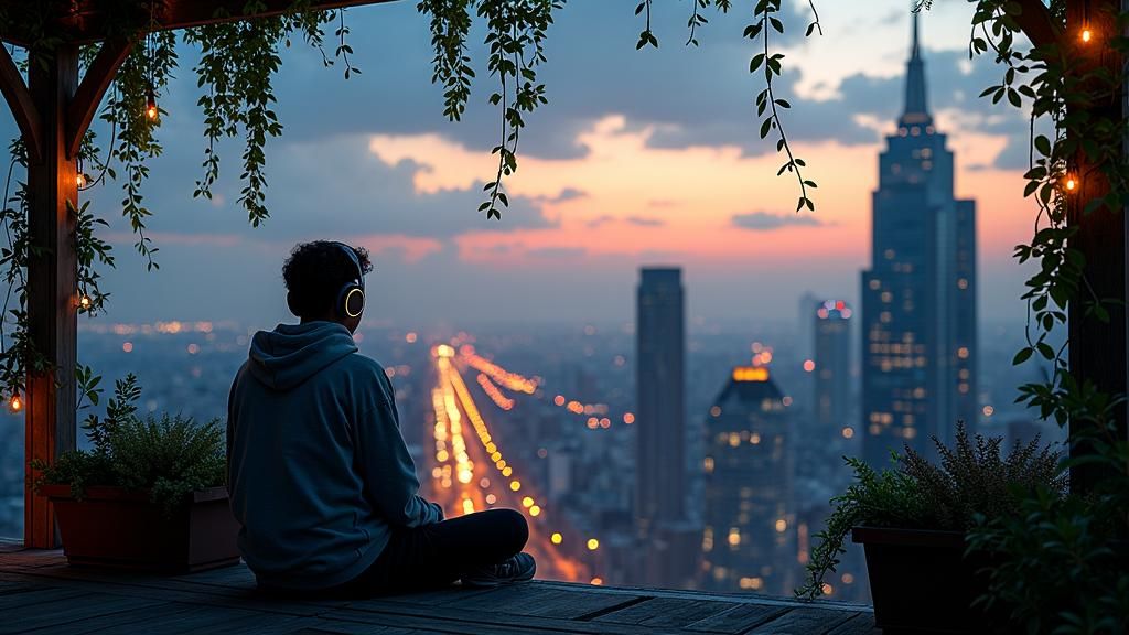 Cityscape at Dusk with Rooftop Oasis