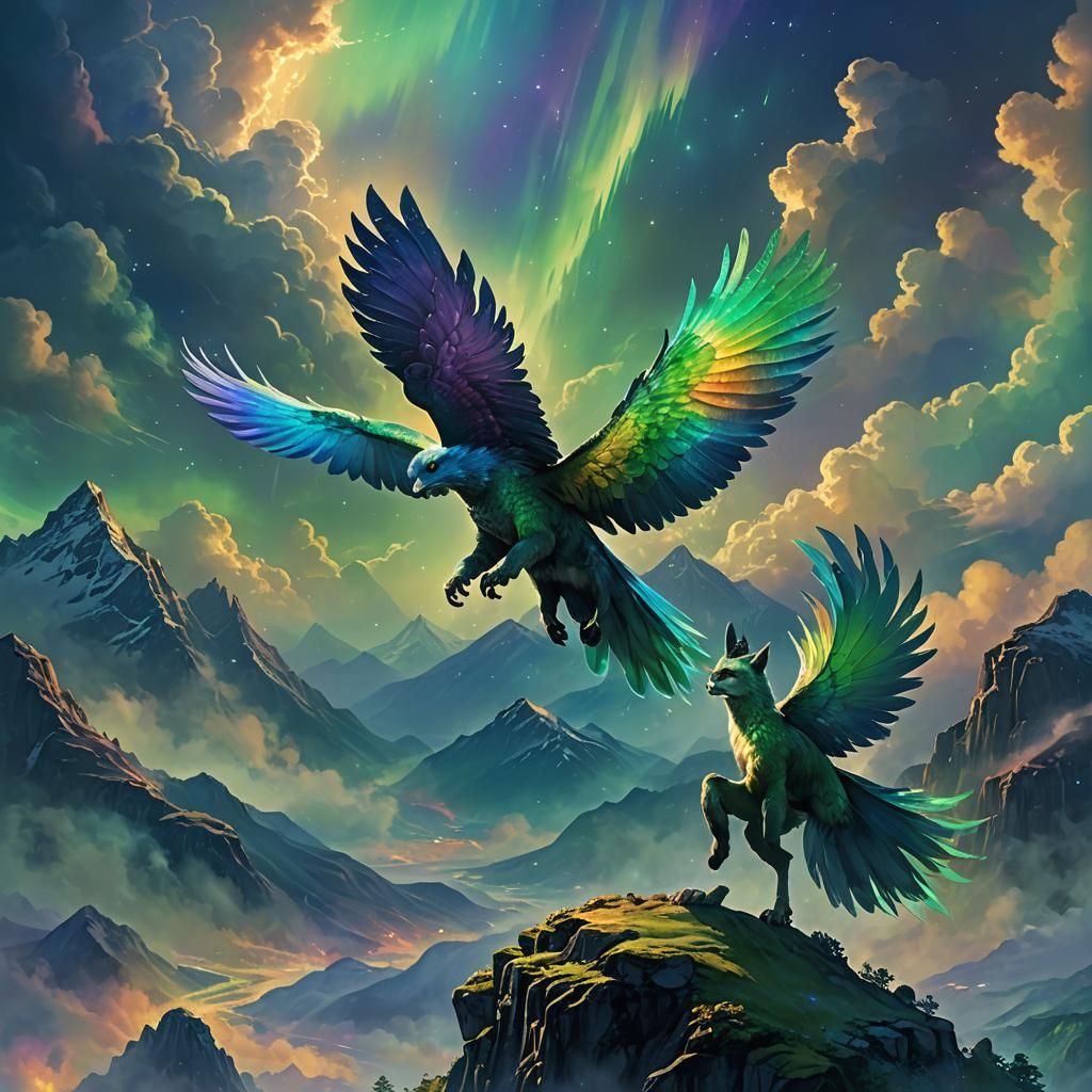 Iridescent Skypaw Soaring Over Aethereian Mountains