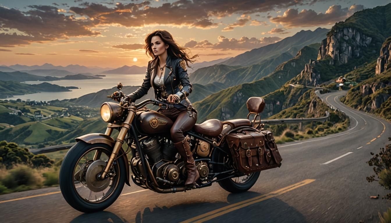 Steampunk Lady Rides Motorcycle at Twilight