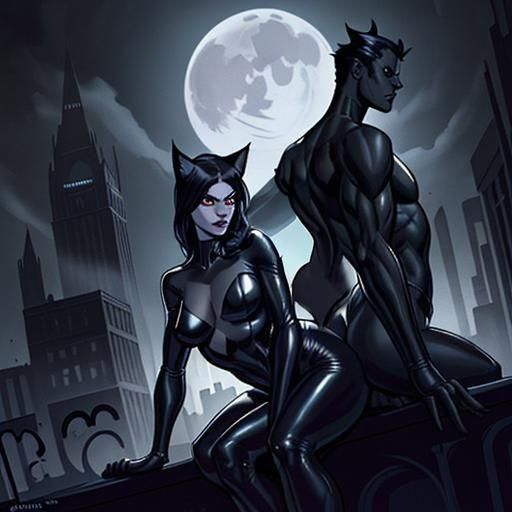 Catwoman in Leather Catsuit on Building