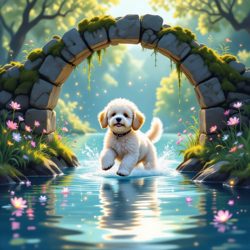 White Labradoodle Dances Through Mossy Archway in Tranquil L...