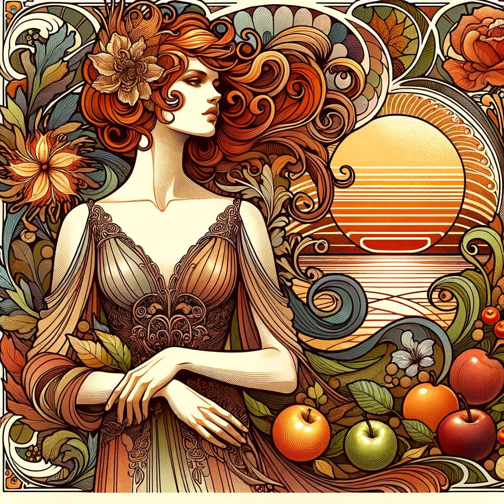 Art Nouveau Autumn Woman in Elegant Gown