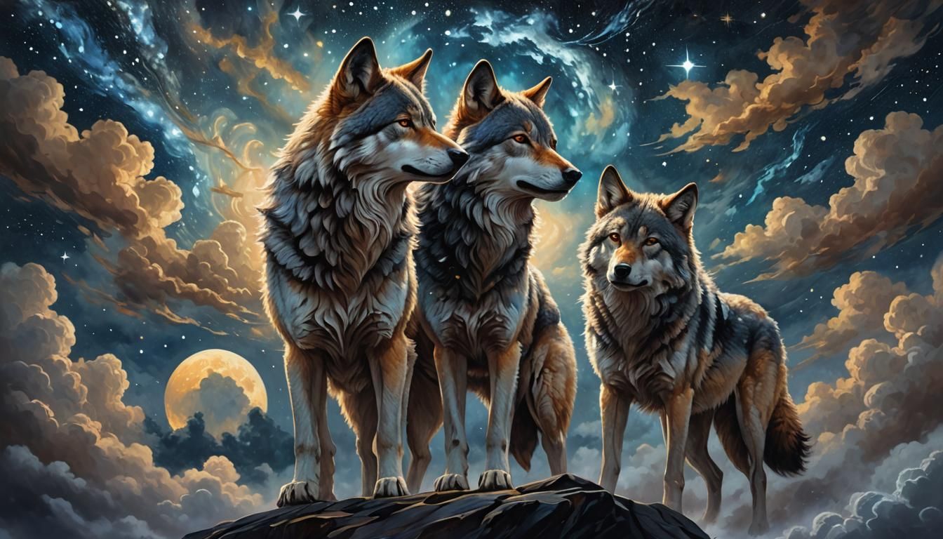 Two Wolves Stargazing Under Starry Night Sky