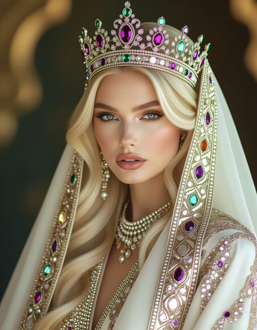 Majestic Blonde Model in Luxurious Abaya: Fashion Photograph...