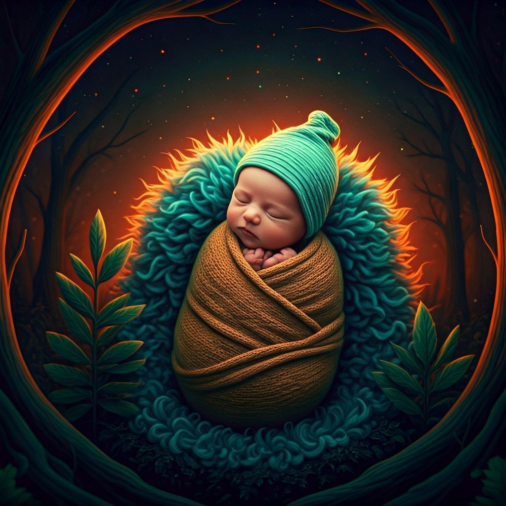 Newborn in Neon Forest: Digital Art