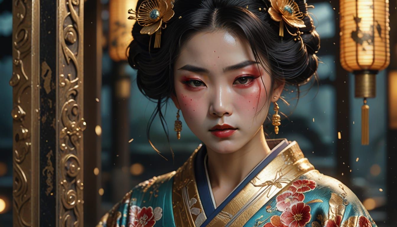 Geisha Crying in Ruined Temple: An Art Nouveau Image