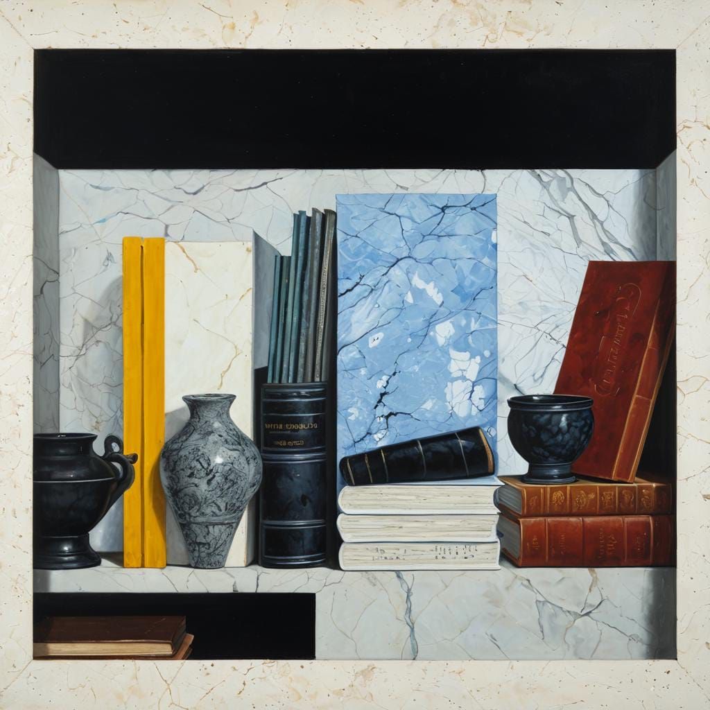 Still Life Oil Painting with Books and Pottery