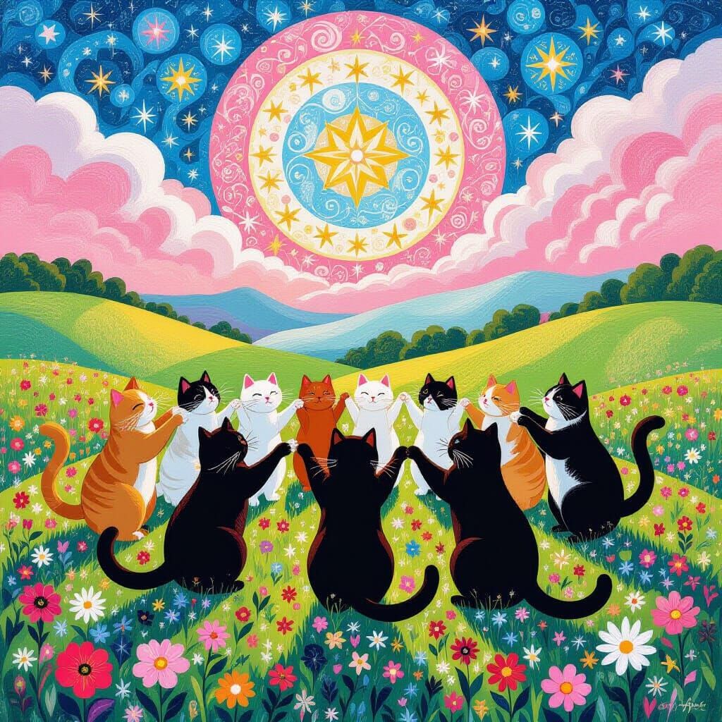 Klimt-Inspired Cats Dancing in Dreamlike Snowy Meadow
