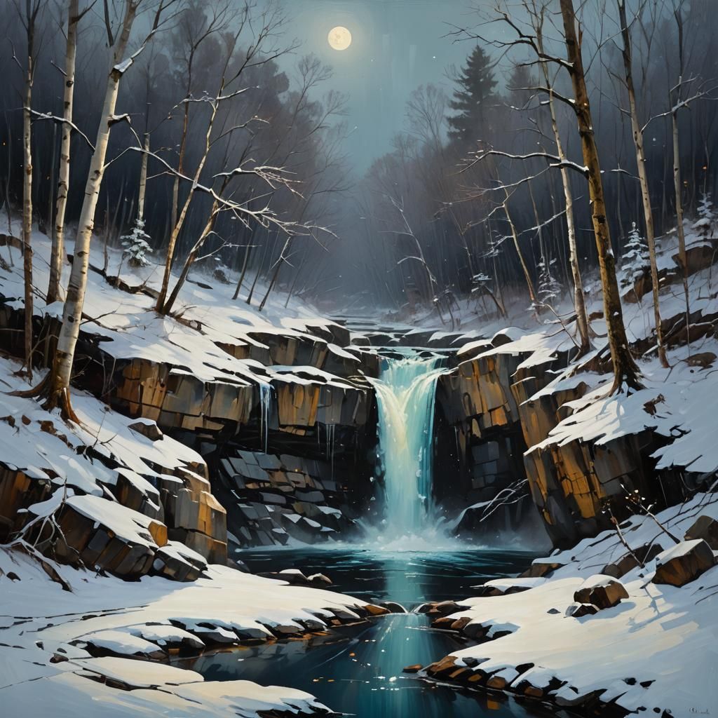 Icy New England Waterfall in Abstract Oil Painting