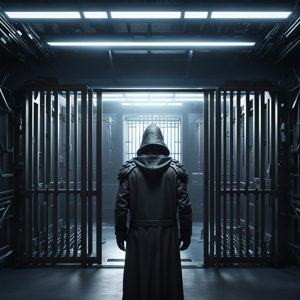 Futuristic Prison Escape: Hooded Figure Breaking Free
