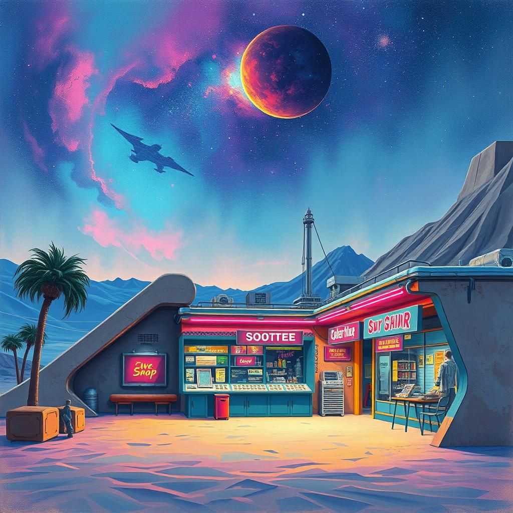 Cyberpunk Desert Shop Under Nebula Sky