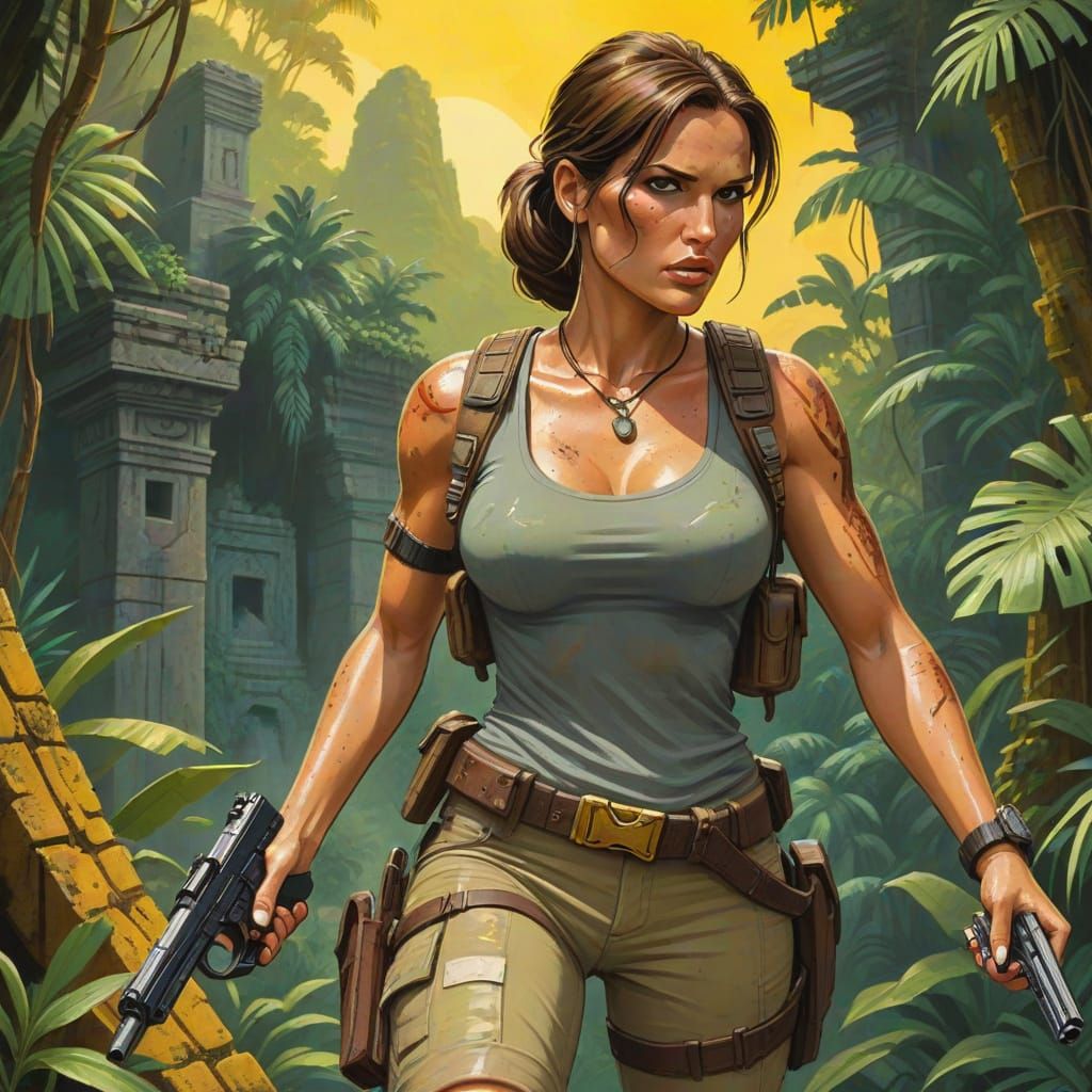 Lara Croft with Pistols in Comic Book Style