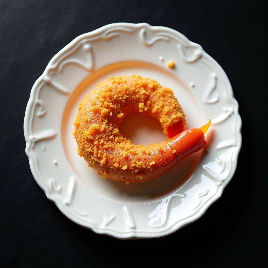 <lora:flux-artsy:1.0> a single fried shrimp on a white plate, dark background