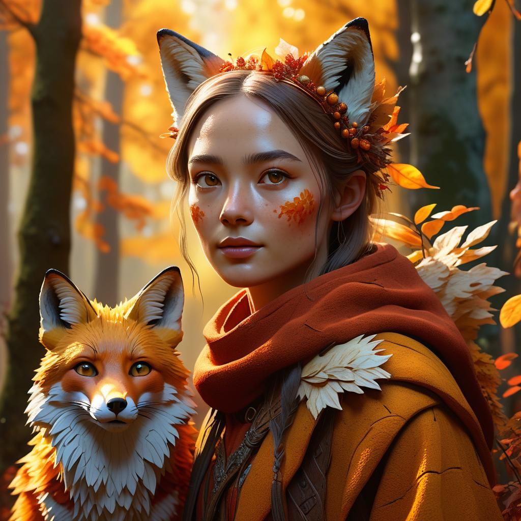 Autumn Maiden and Magical Fox in Hyperrealistic Forest