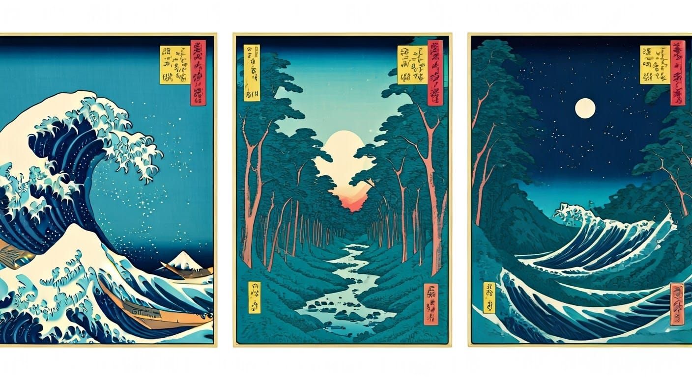 Triptych: Seascape, Forest, Night Sky in Ukiyo-e Style