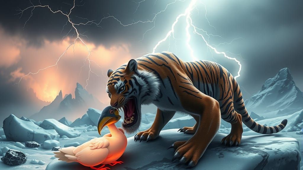 Surreal Prehistoric Scene Depicts a Cyberpunk-Style Sabertoo...