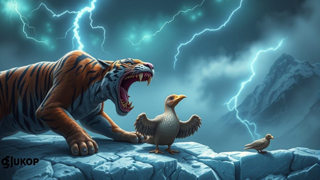 Surreal Sabertooth Tiger Devours Dodo Bird in Stormy Glacier...