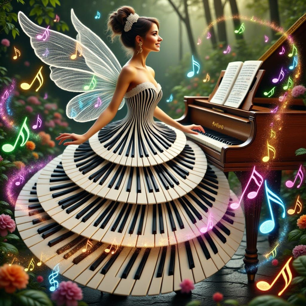 Whimsical Fairy Plays Ivory Wooden Piano in Shimmering Hues