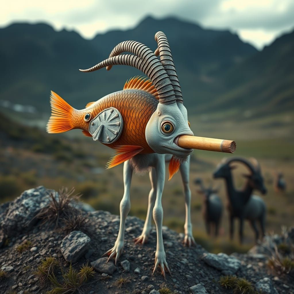 Surreal Fish-Goat-Cigarette Creature in Epic Landscape