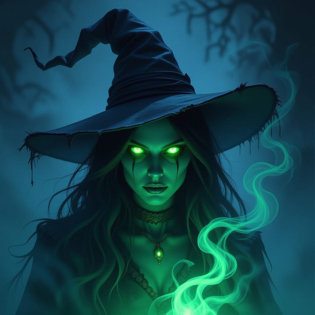 Eerie Undead Witch with Glowing Green Eyes in Dark Fantasy A...