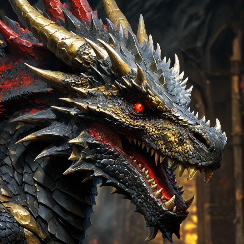 Menacing Black and Gold Dragon Eye Oil Painting