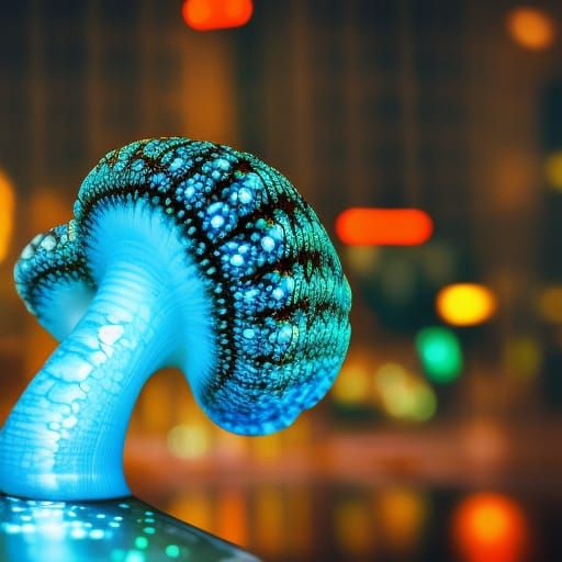Neon Fractal Mushroom-Snail in Cyberpunk City