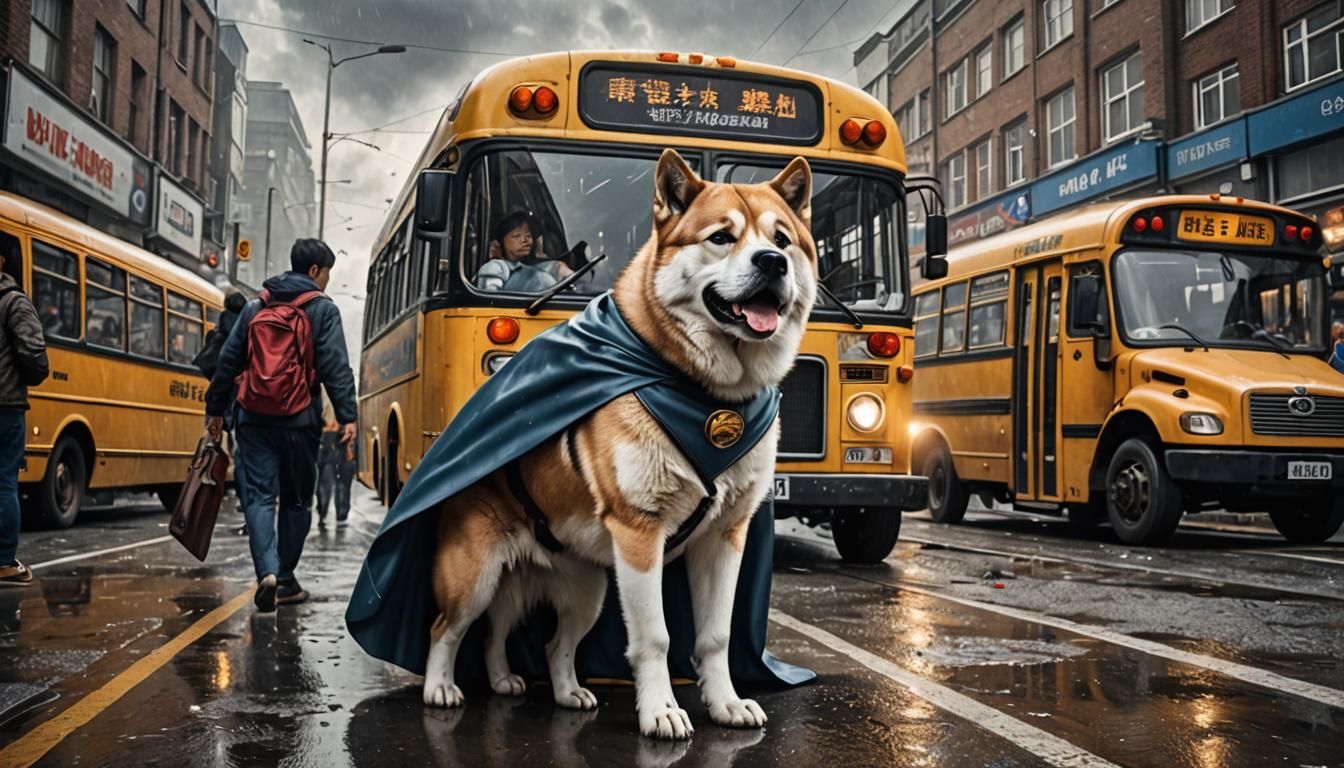 Akita Superhero Rescues Bus in Hyperrealistic Detail