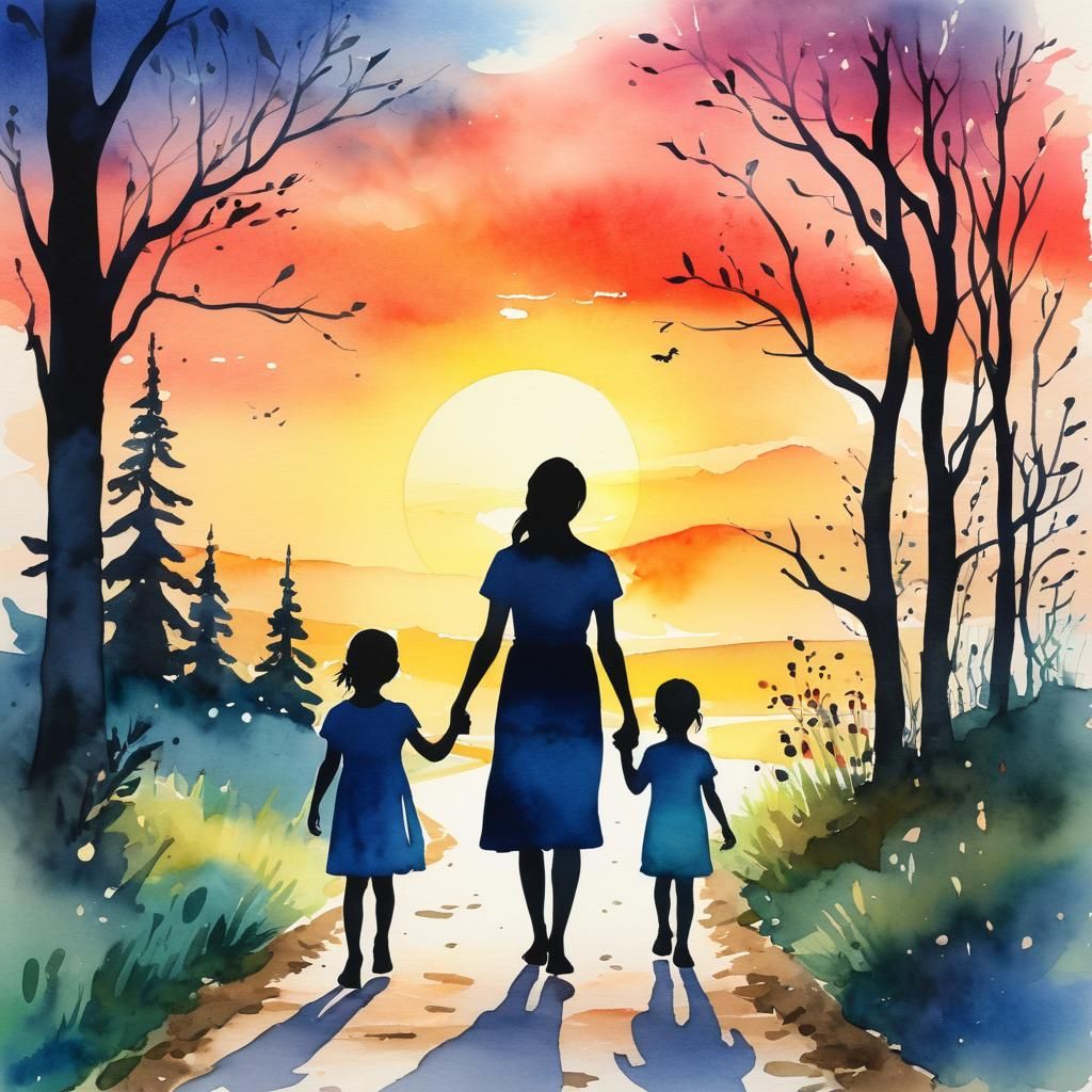 Watercolor Silhouette: Mother and Children at Sunset
