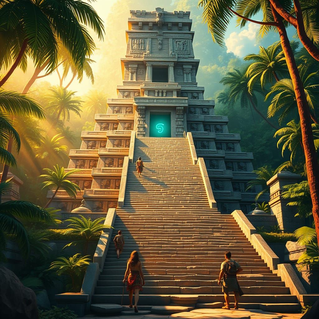 Majestic Mesoamerican Temple Rises from Vibrant Tropical Jun...
