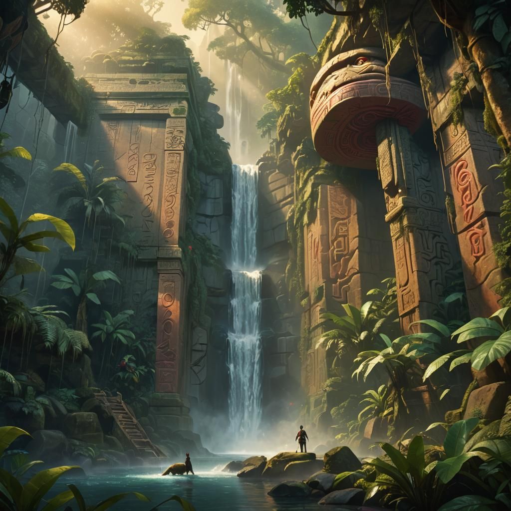 Mystic Anaconda Waterfall in Dreamlike Jungle Ruins