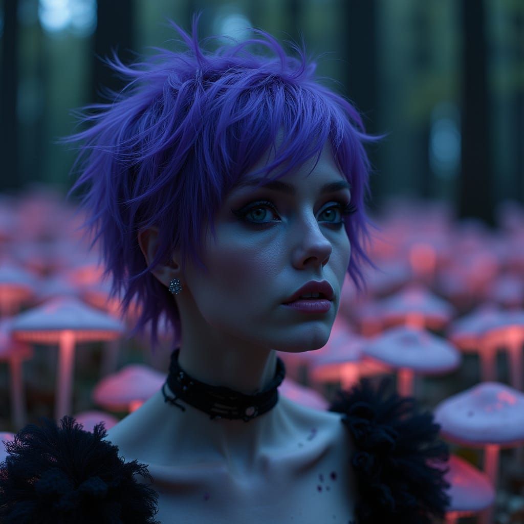 Goth Woman in Bioluminescent Mushroom Field, McKean Style