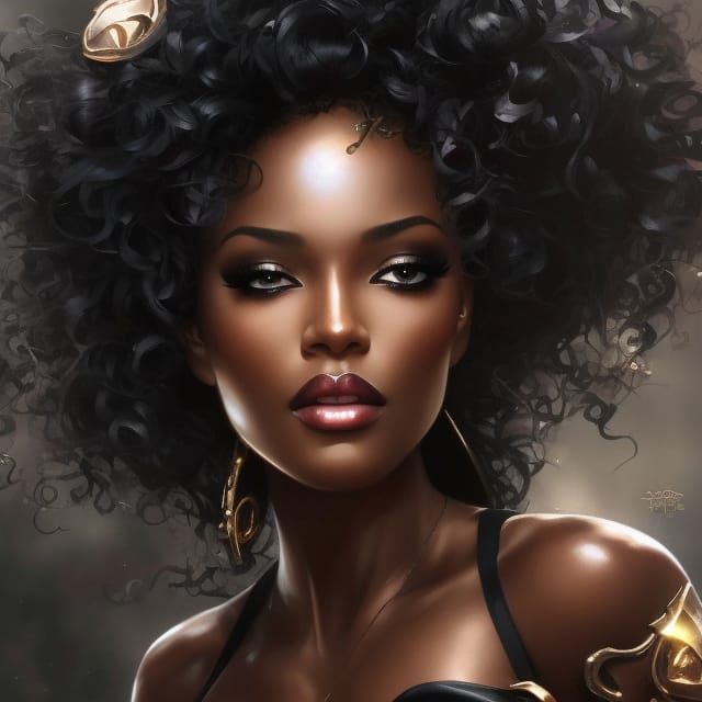 Beautiful Black Female Portrait in Royo Splash Art Style
