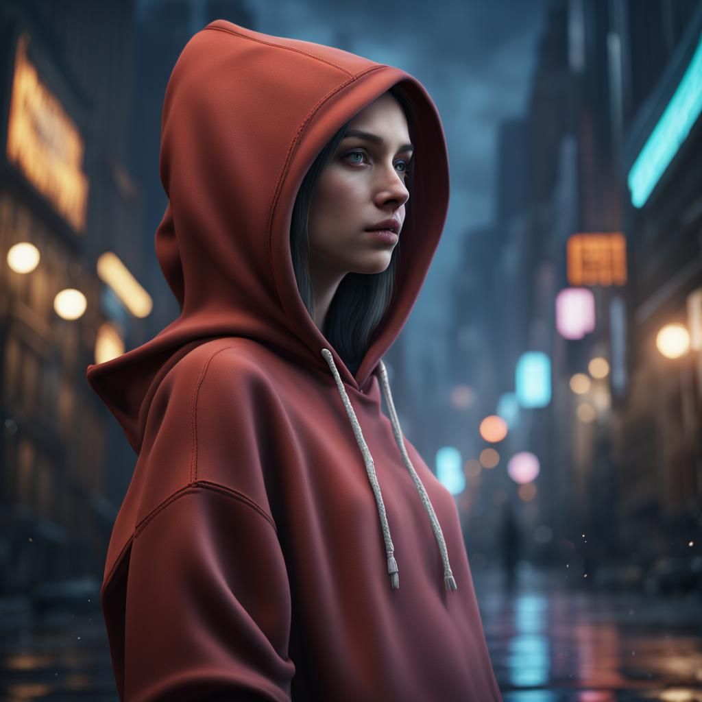 Teenage Girl in Hoodie: Detailed Fantasy Art