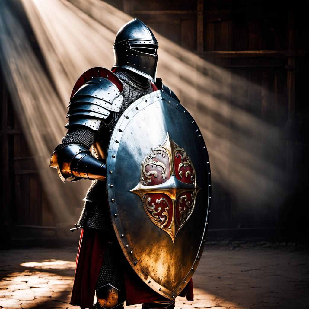 Knight with Medieval Shield in Dramatic Light