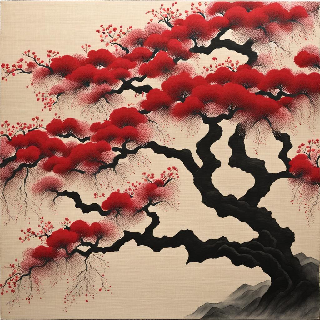 Red Tree Wall Art in Kanō School Style