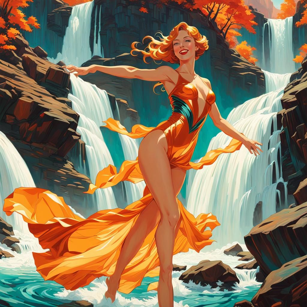 Amber Woman Splashing in Exoplanetary Waterfall