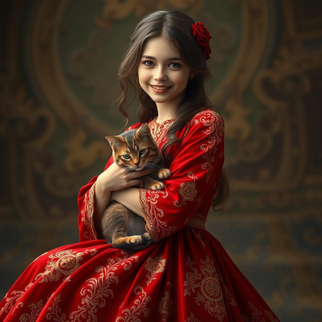 Girl in Red Velvet Dress with Cat in Art Nouveau Style