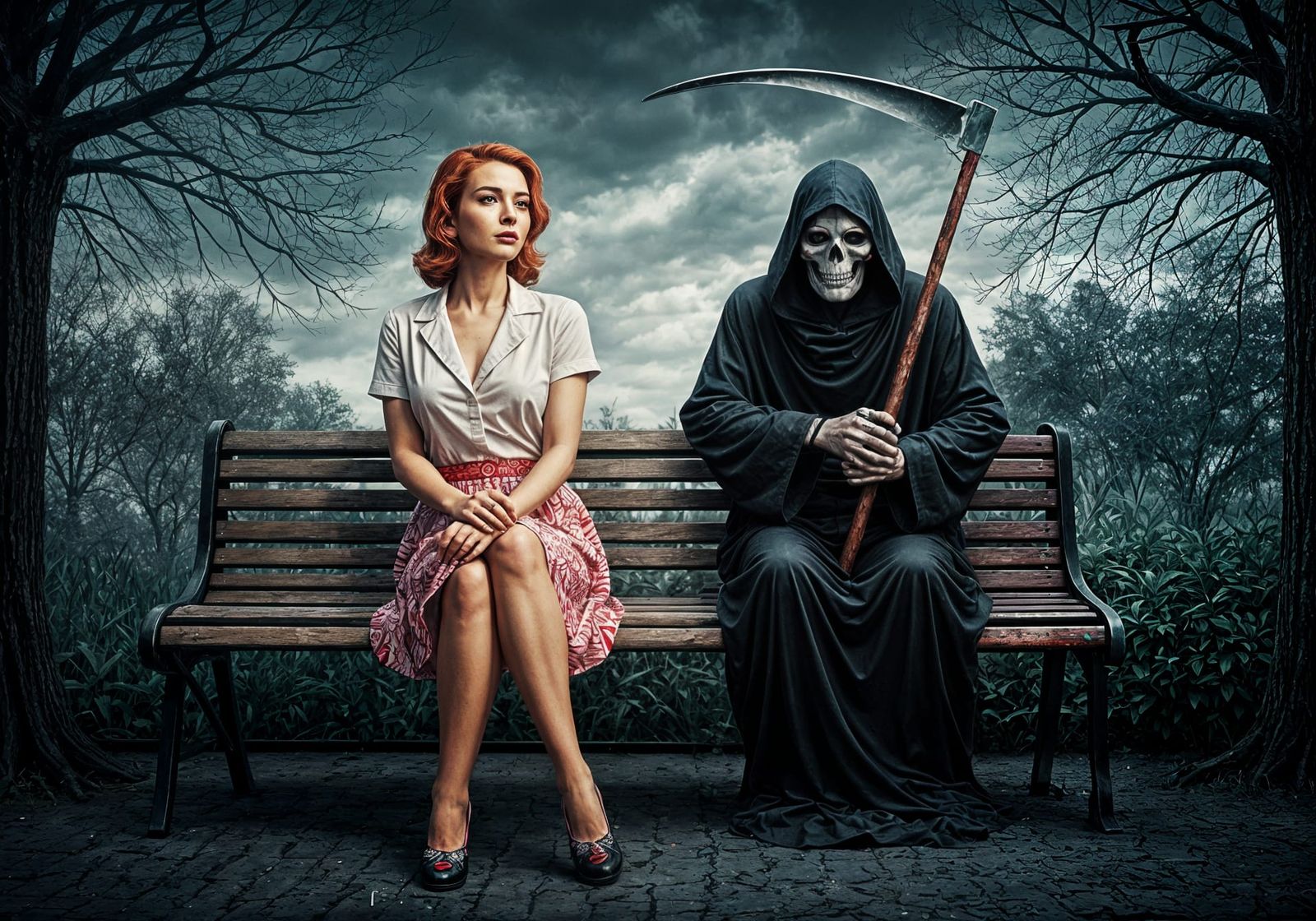 High Contrast Park Bench Encounter in Pop Art Style