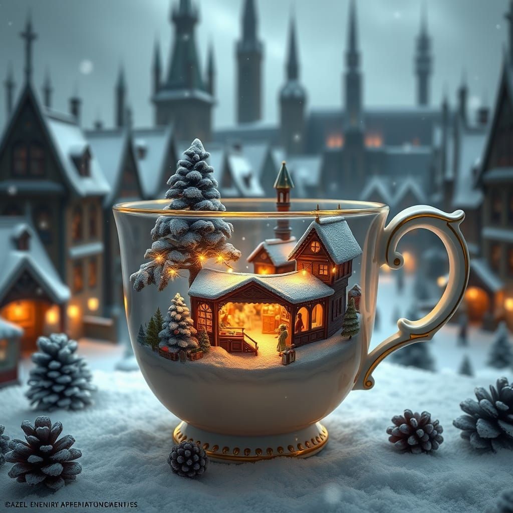 Christmas Market in Porcelain Cup: Fantasy Concept Art