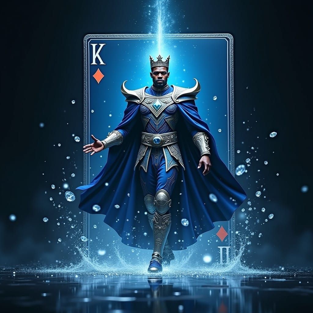 Ethereal King of Diamonds Emerges from Blue Playing Card in...