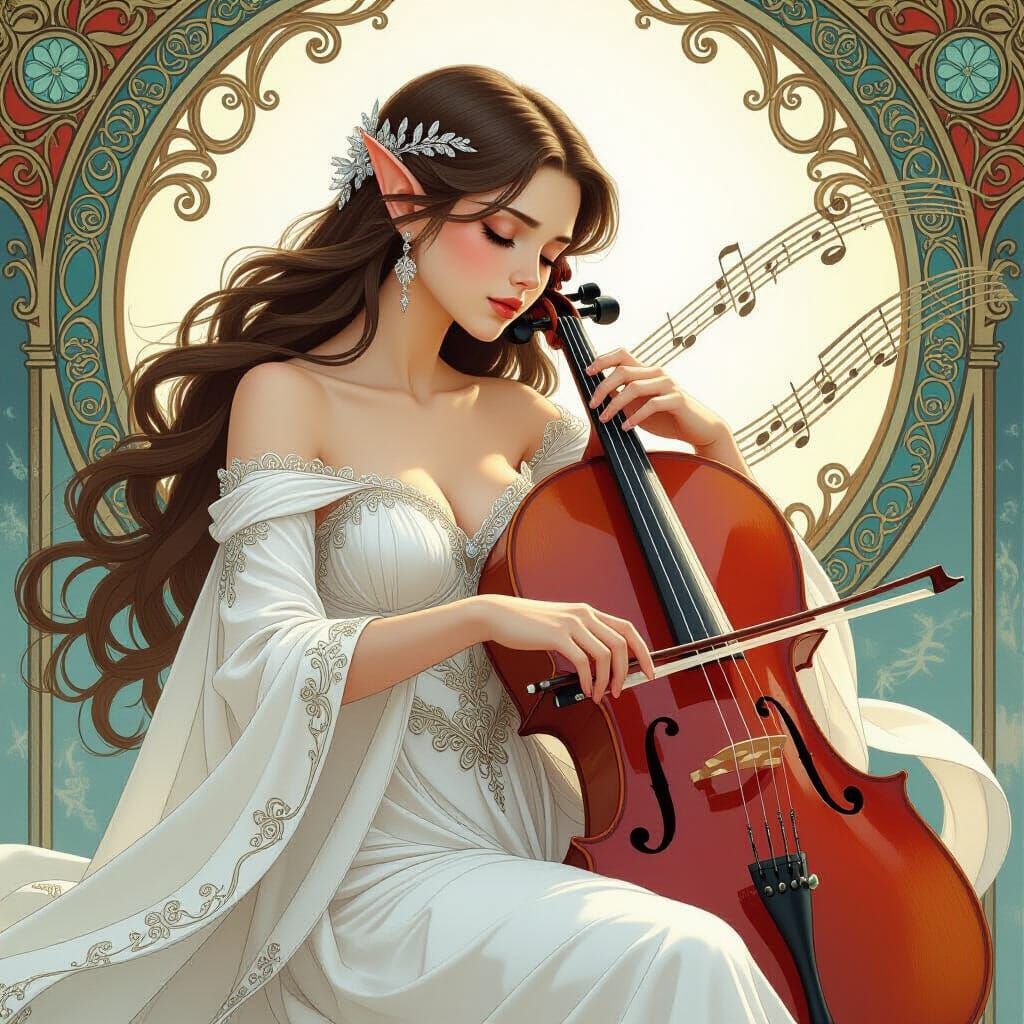 Sorrowful Elf Playing Cello in Art Nouveau Style
