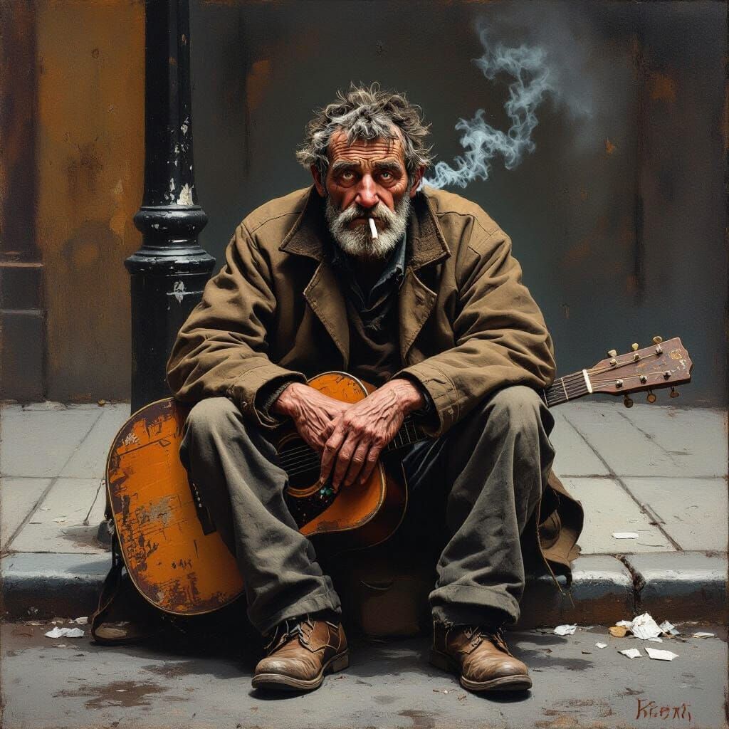 Homeless Man with Guitar and Cigarette on Street Corner