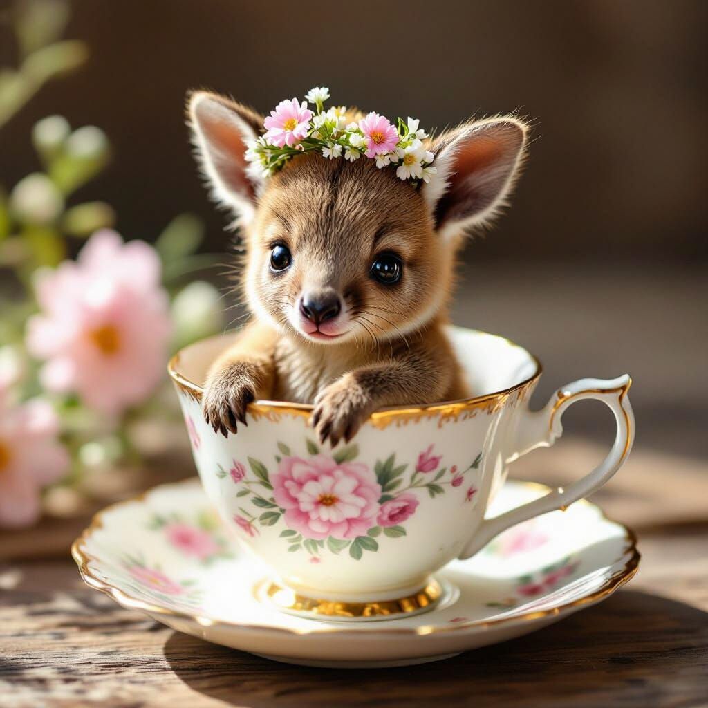 Tiny Joey Kangaroo in Porcelain Teacup with Floral Crown