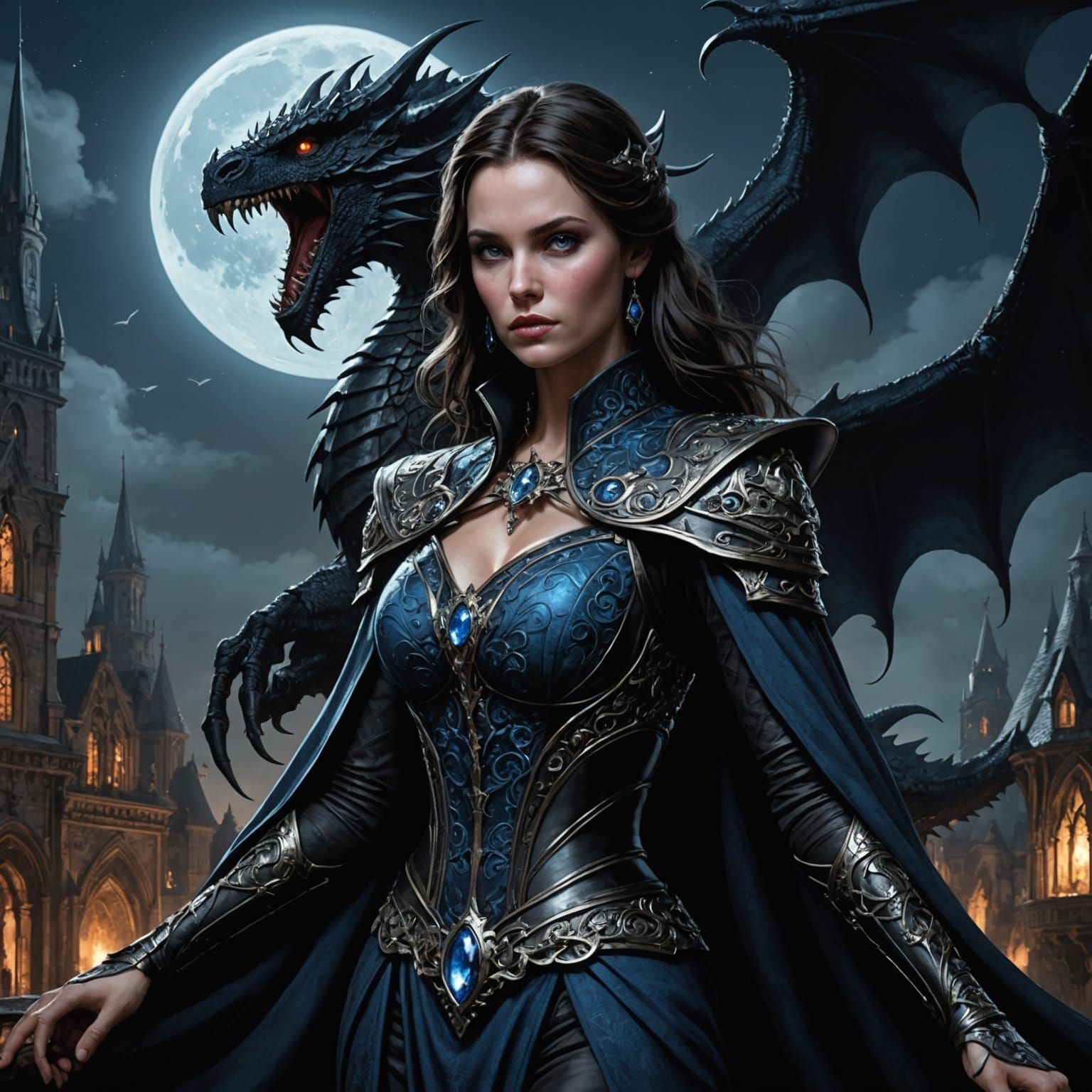 Woman Riding a Dragon under the Moonlight