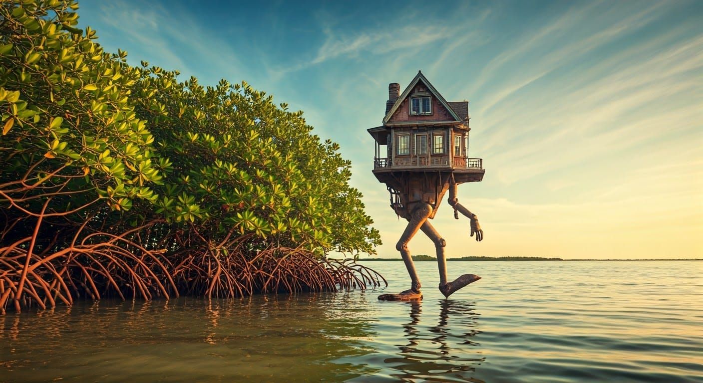 Fantastical Walking House on a Tranquil Beach
