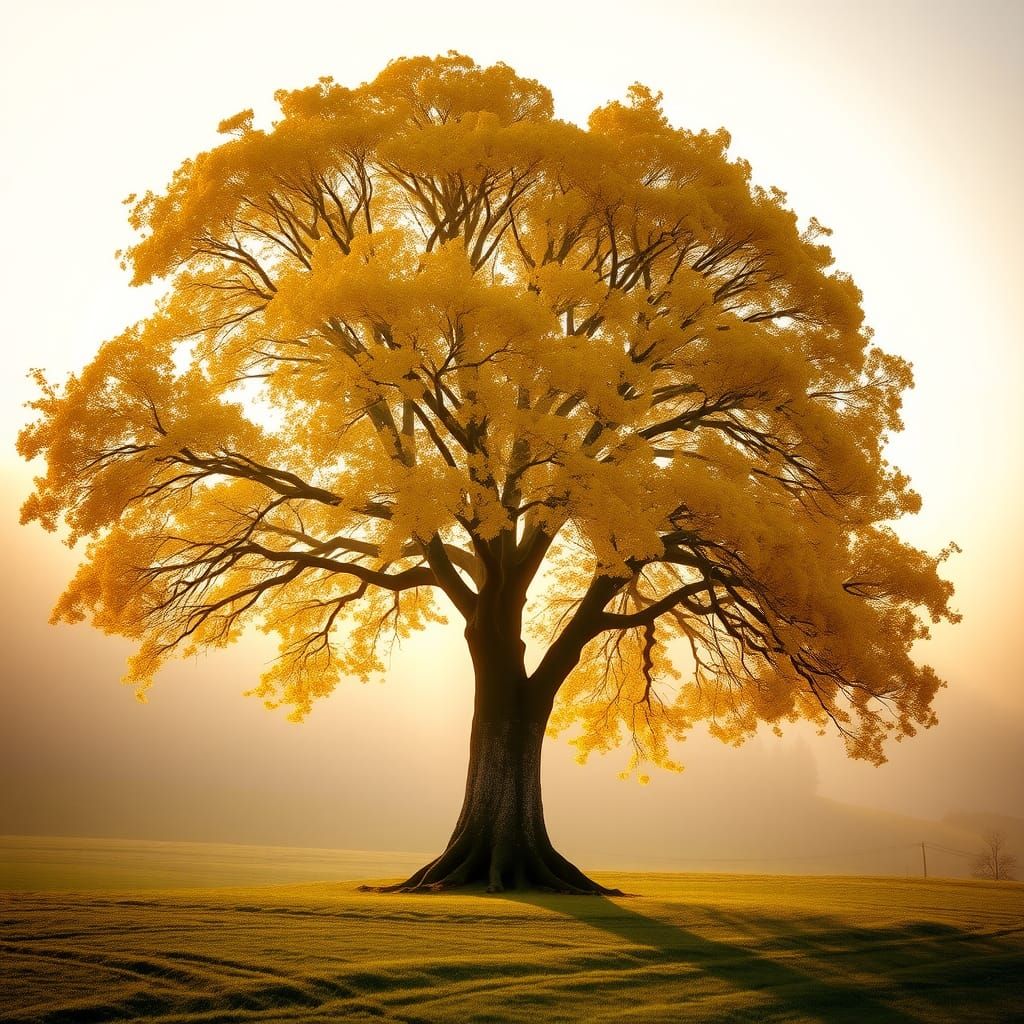 Majestic Golden Tree in Misty Morning Light