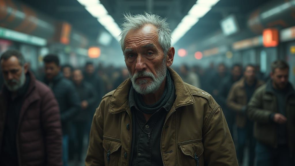 A queue of cyberpunk people waiting in line for a food bank ...