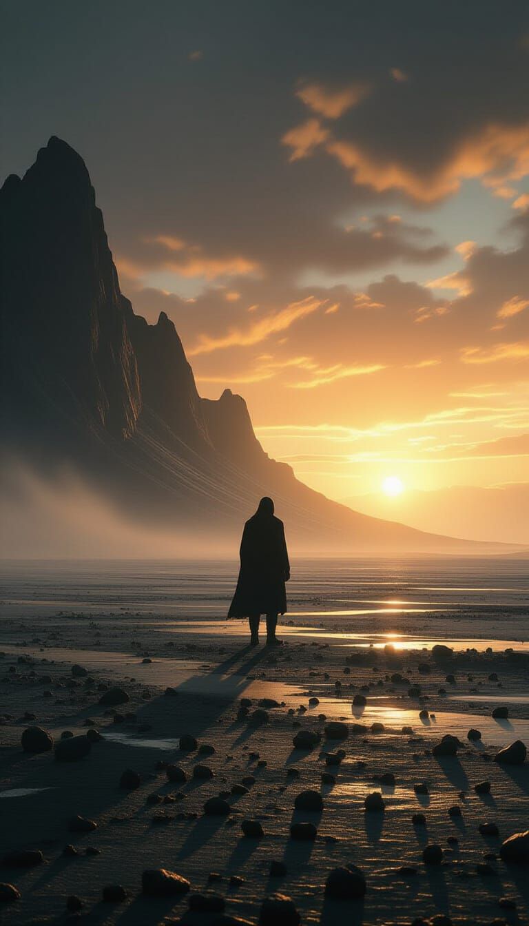 Lone Figure at Dawn in Desolate Landscape