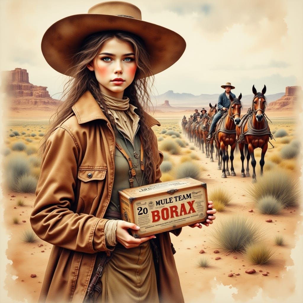 Child Cowgirl with 20 Mule Team Borax in Watercolor Style